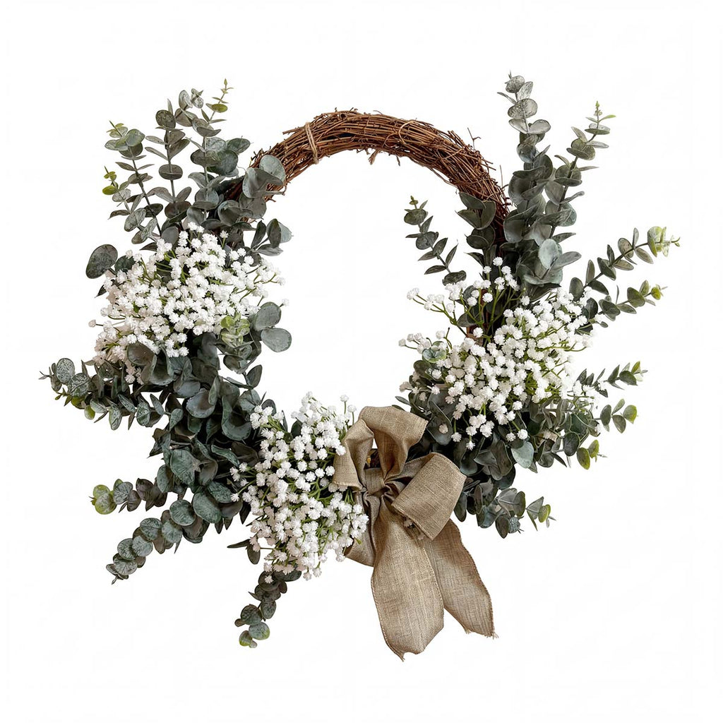 Farmhouse eucalyptus wreath with burlap bow and white baby's breath artificial greenery for front door porch wall living room and bedroom decor