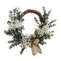 Farmhouse eucalyptus wreath with burlap bow and white baby's breath artificial greenery for front door porch wall living room and bedroom decor