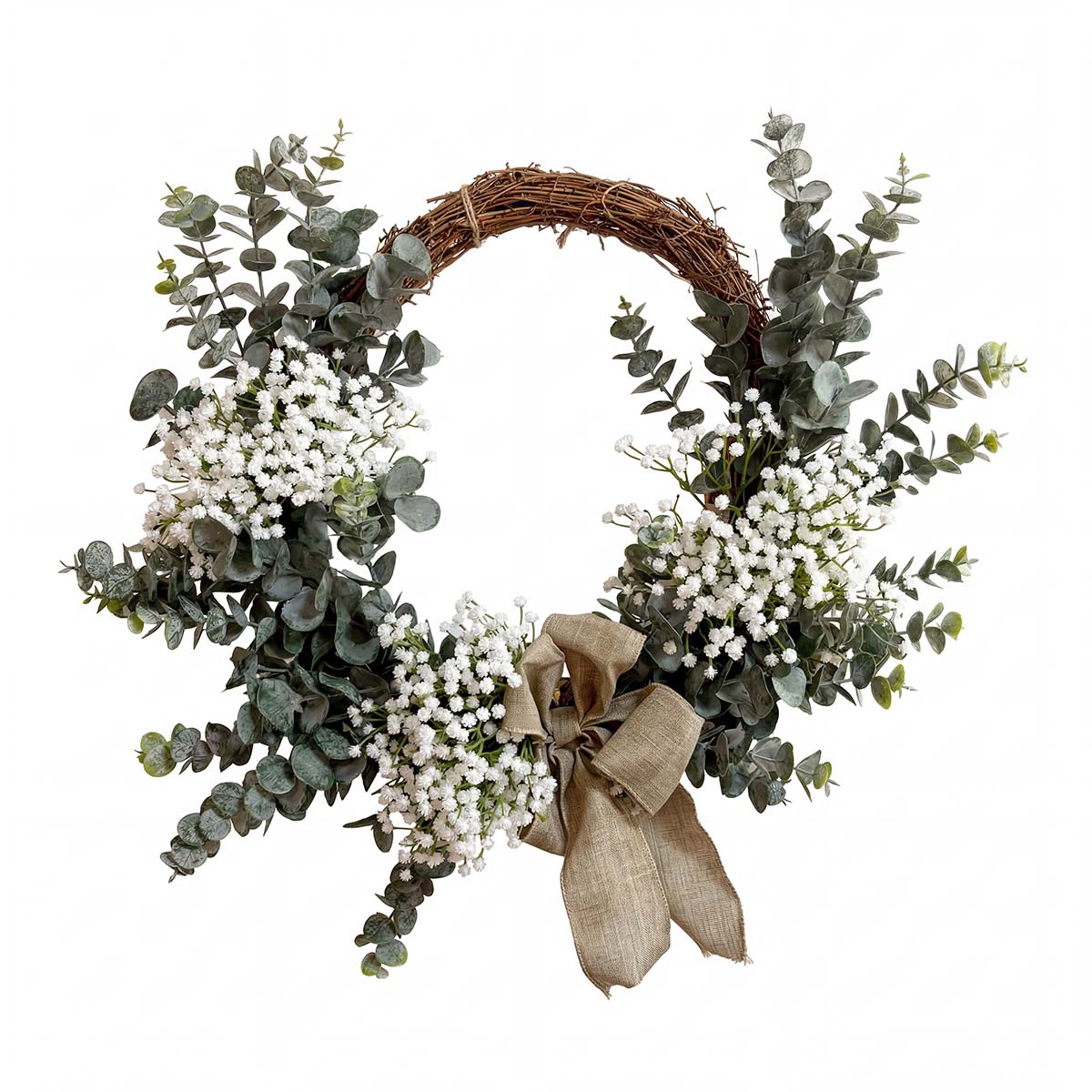 Farmhouse eucalyptus wreath with burlap bow and white baby's breath artificial greenery for front door porch wall living room and bedroom decor