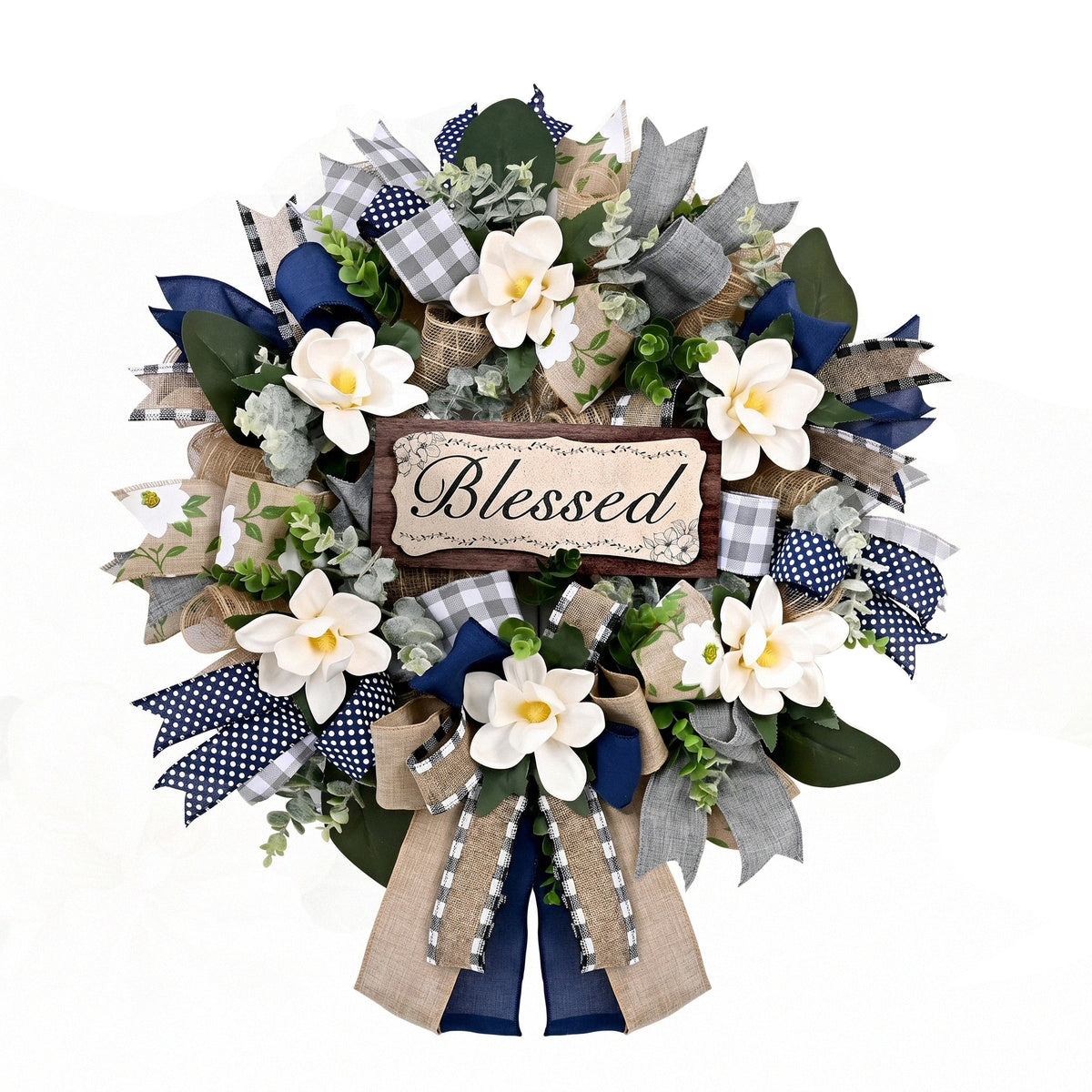 Farmhouse Blessed wreath with wooden sign navy blue burlap ribbon and white artificial flowers for front door home wall porch and Christmas decor
