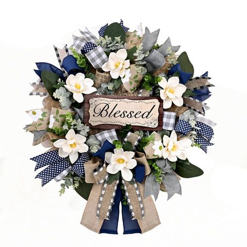 Farmhouse Blessed wreath with wooden sign navy blue burlap ribbon and white artificial flowers for front door home wall porch and Christmas decor