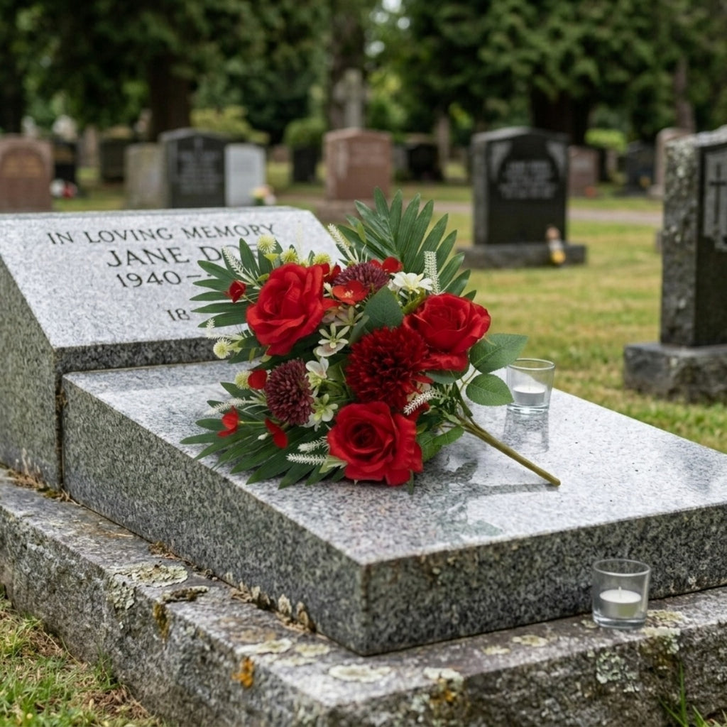 Cemetery Flowers for Grave, Outdoor Lily Chrysanthemum Hydrangea Rose Artificial Flowers Grave Flowers with Cemetery Vase, Lasting and Non-Bleed Colors