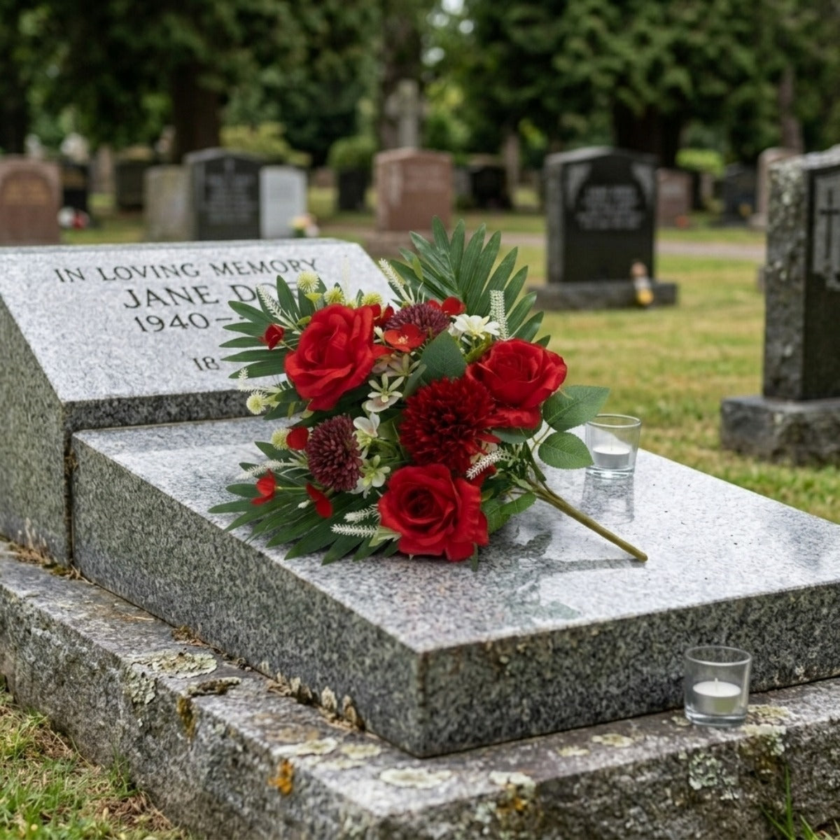 Cemetery Flowers for Grave, Outdoor Lily Chrysanthemum Hydrangea Rose Artificial Flowers Grave Flowers with Cemetery Vase, Lasting and Non-Bleed Colors