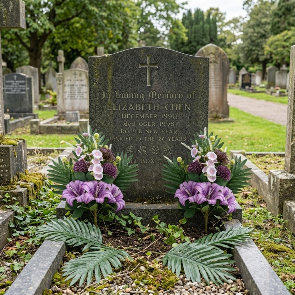 Cemetery Flowers for Grave, Outdoor Lily Chrysanthemum Hydrangea Rose Artificial Flowers Grave Flowers with Cemetery Vase, Lasting and Non-Bleed Colors