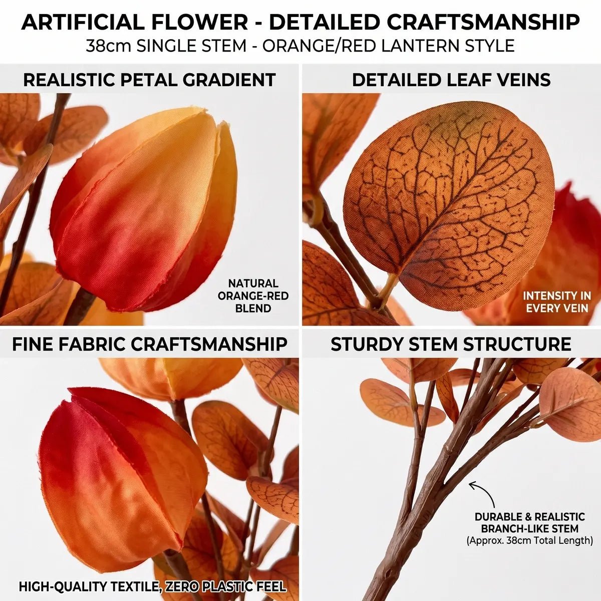 Close-up of artificial autumn lantern flowers and eucalyptus stems showing craftsmanship details