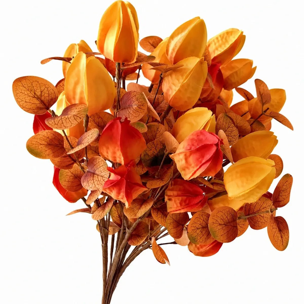 Single artificial autumn lantern flower stem with orange leaves and berries on white background