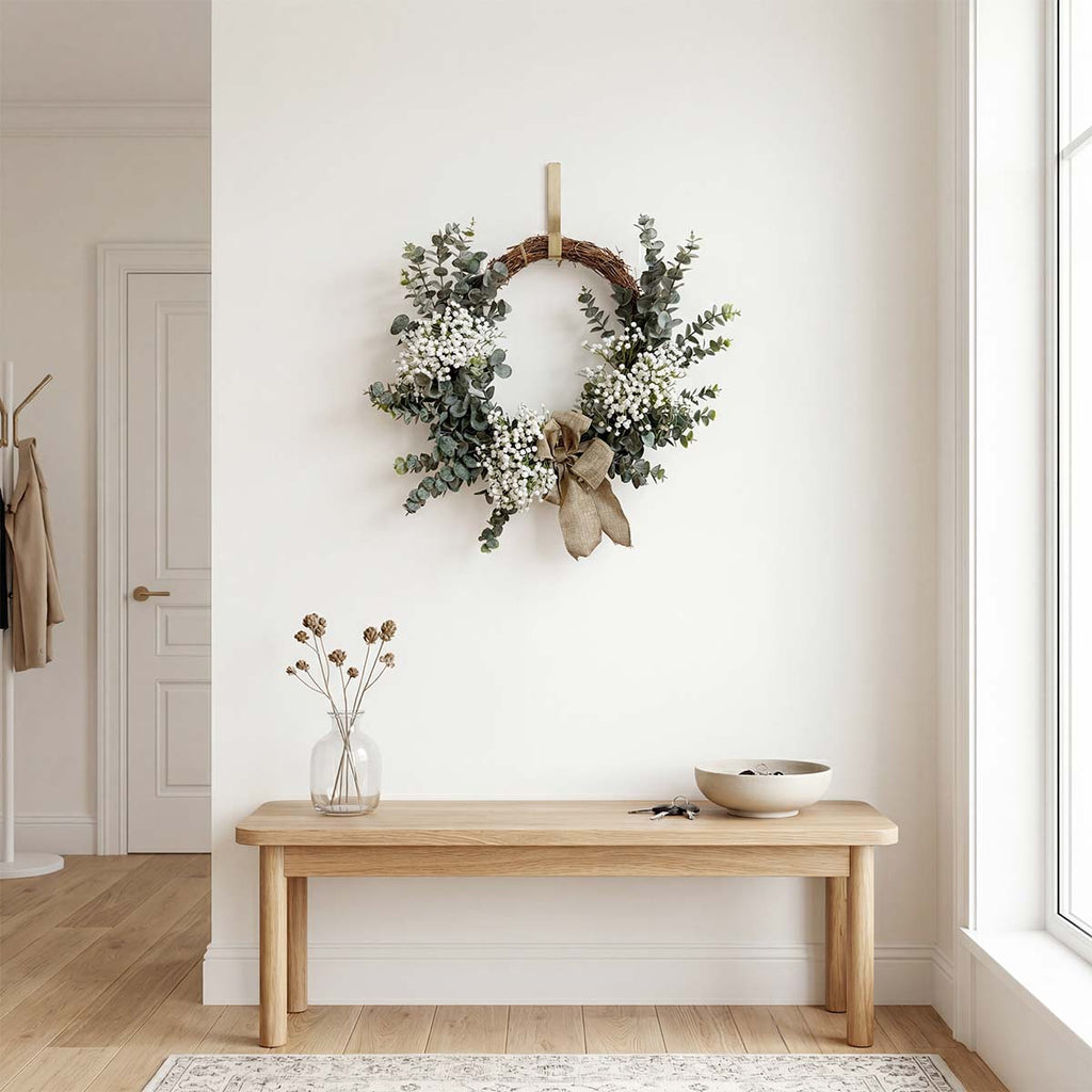 Farmhouse Eucalyptus Wreath with Burlap Bow & White Baby's Breath for Front Door Porch Wall Living Room & Bedroom Decor