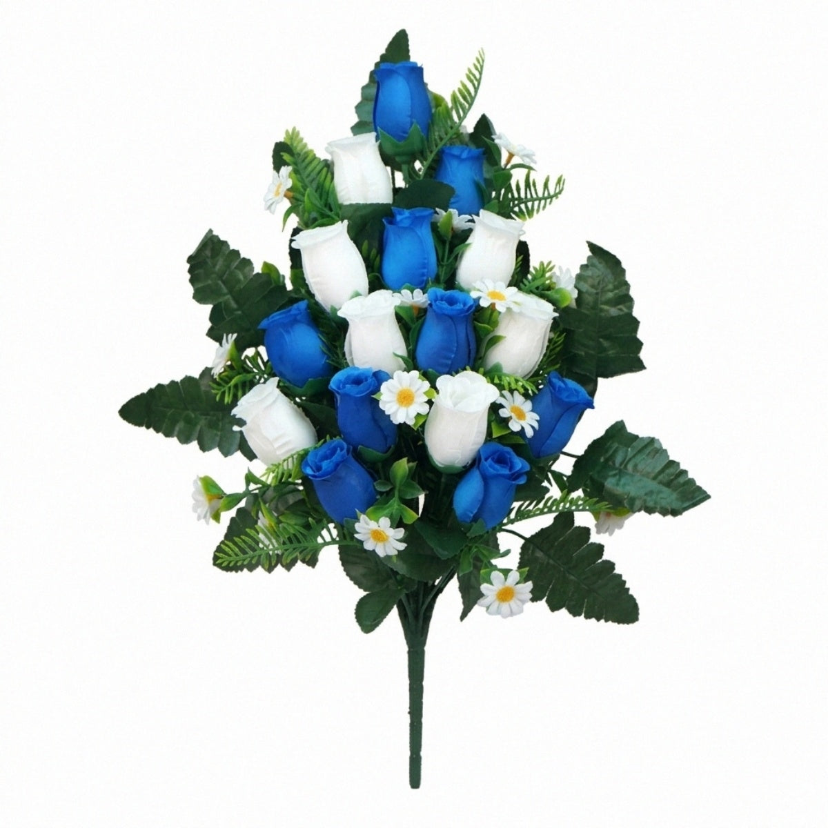 Artificial cemetery flowers blue white memorial roses bouquet with vase for gravesite decoration
