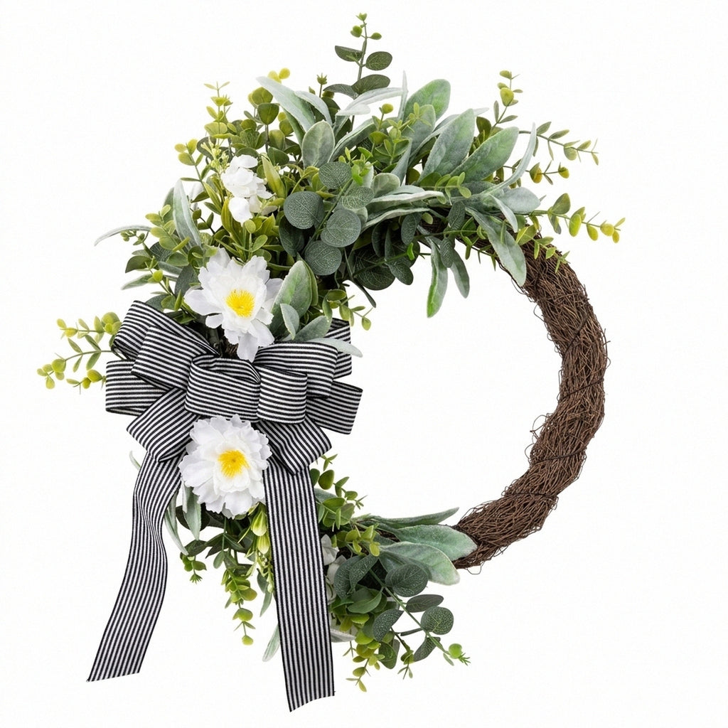 Classic Black and White Striped Bow Wreath Faux Greenery and White Floral Door Hanger Modern Farmhouse Spring Summer Decor for Front Door Wedding and Party Backdrop