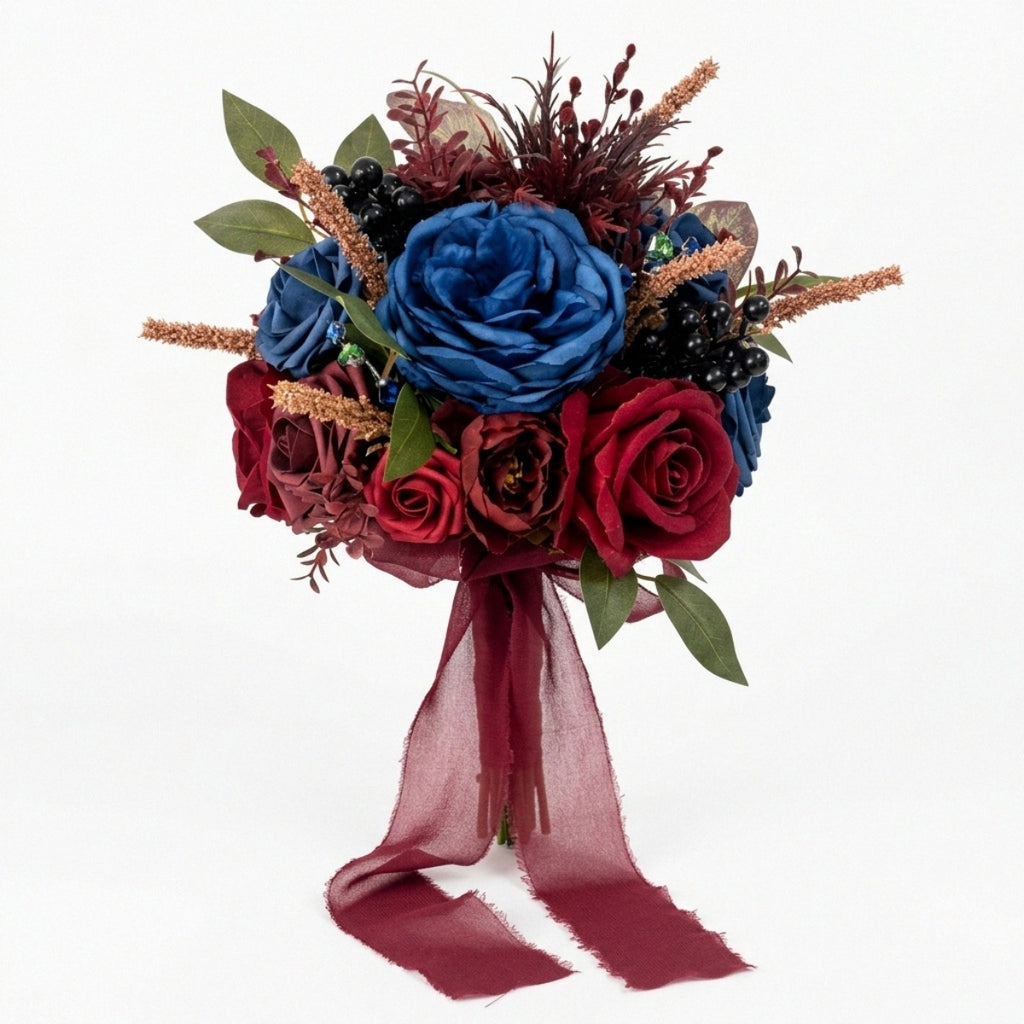 Blue Red Rose Bouquet Gothic Wedding Bridal Flower Arrangement Vintage Home for modern wedding decor by IPOPU