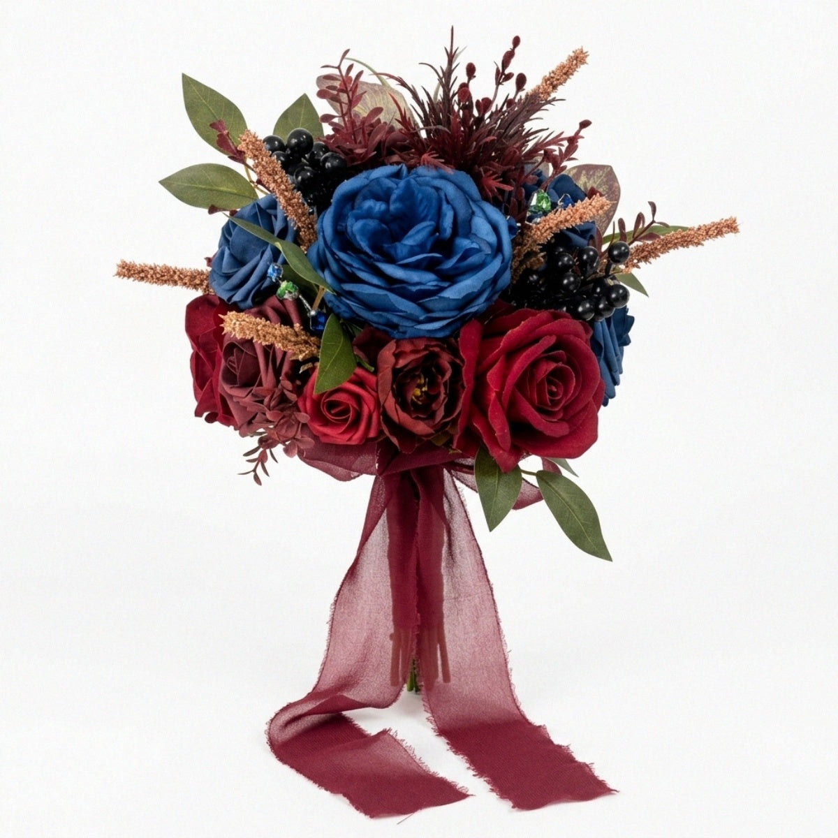 Artificial blue and red rose gothic wedding bridal bouquet with dark berries and chiffon ribbon for vintage home party and prom decor