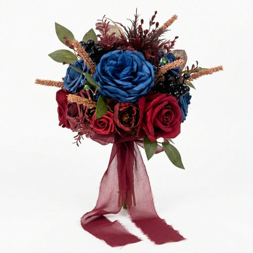 Artificial blue and red rose gothic wedding bridal bouquet with dark berries and chiffon ribbon for vintage home party and prom decor