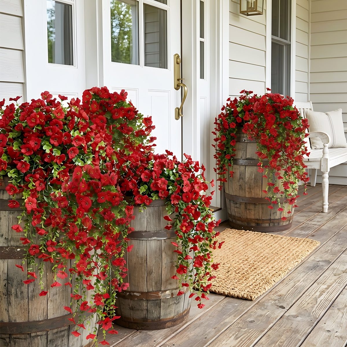 Artificial Hanging Flowers for Outdoors, Morning Glory Artificial Flowers with Eucalyptus Leaves, UV Resistant Fake Flower Realistic Faux Plants for Home Patio Porch Garden