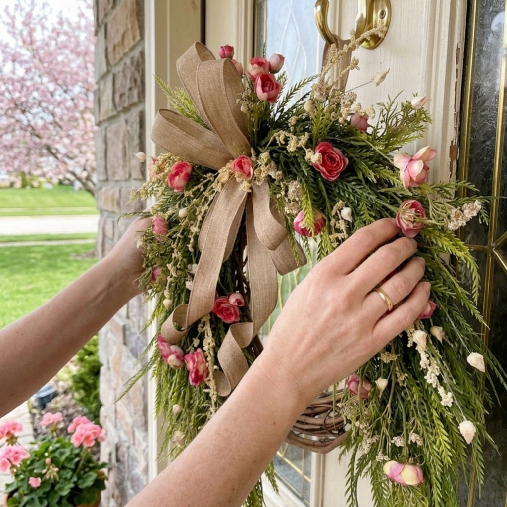 Flower Wreath with Burlap Bow, Artificial Spring and Summer for Front Door Wreath Pink Peony Wreath Garden Party Home Wall Wedding Decor
