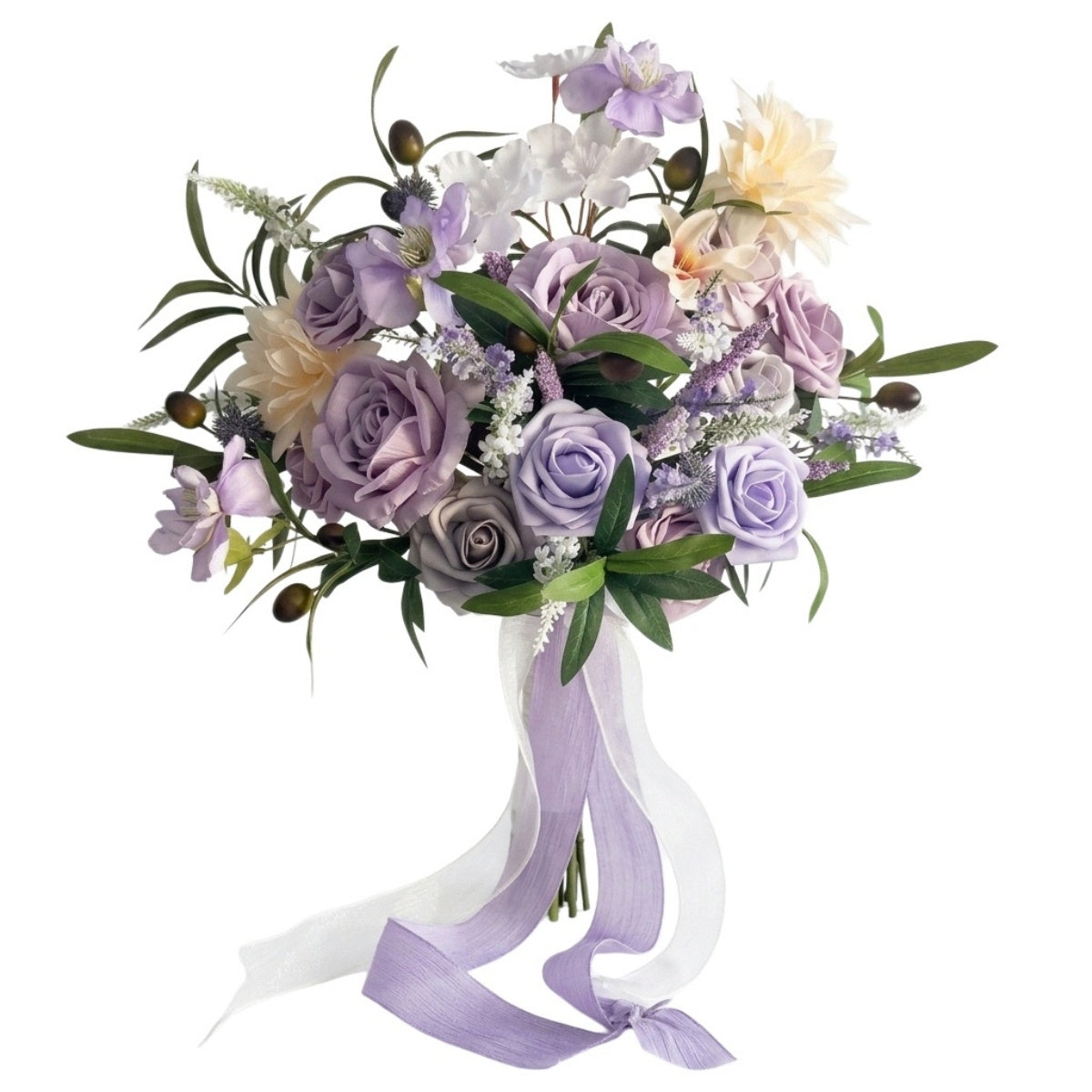 Artificial purple rose and peony wedding bridal bouquet with chiffon ribbon for wedding ceremony bridal shower and home decor