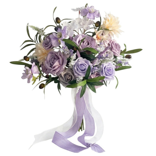 Artificial purple rose and peony wedding bridal bouquet with chiffon ribbon for wedding ceremony bridal shower and home decor