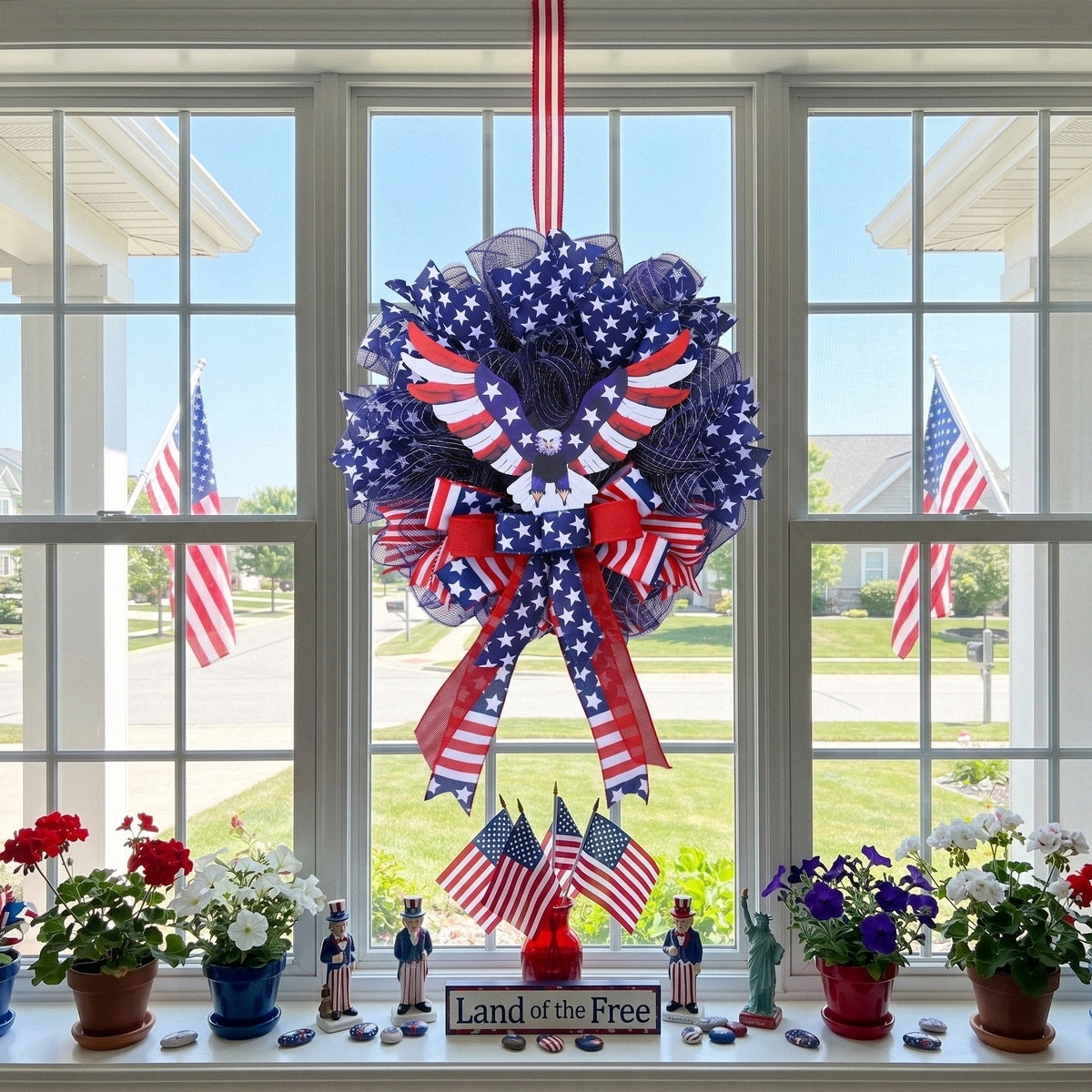 American Patriotic Wreath with Eagle American Flag Mesh Wreath 4th of July Front Door Decor Independence Day Summer Holiday Door Hanging for Home Porch