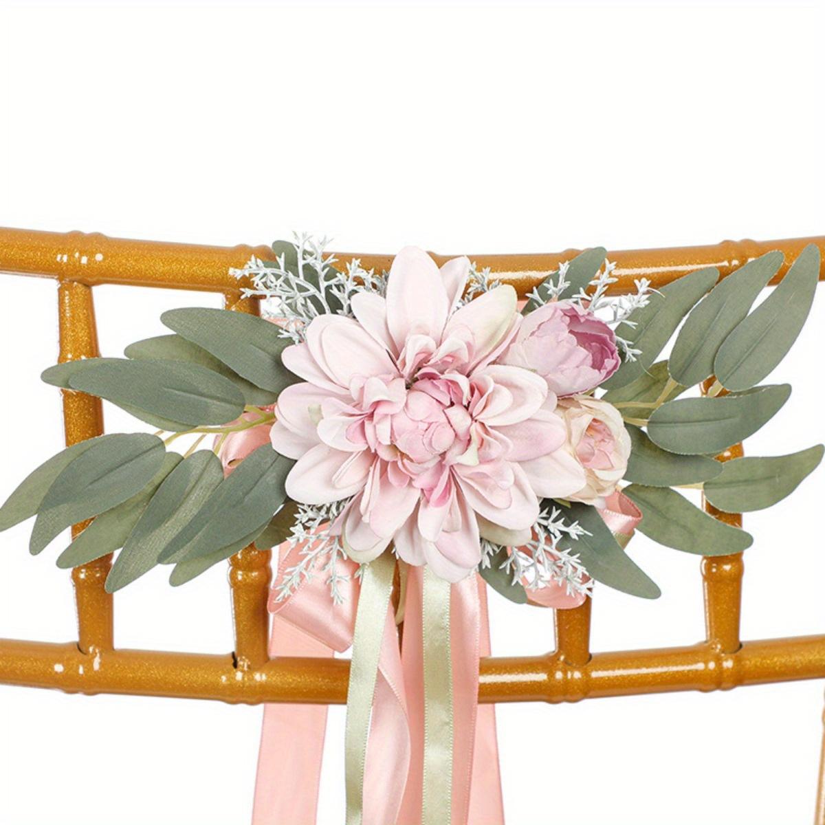 Artificial Rose Chair Decor 4pcs with Eucalyptus & Ribbons | Wedding Ceremony Aisle & Engagement Party Decoration in White Blue Pink Light Pink