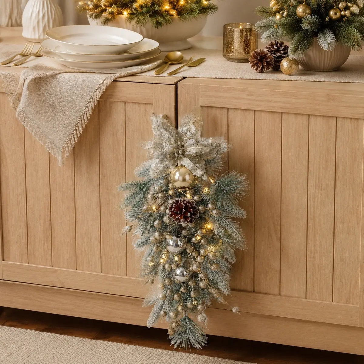 Ivory and Gold Artificial Christmas Swag Wreath Decorating a Sideboard
