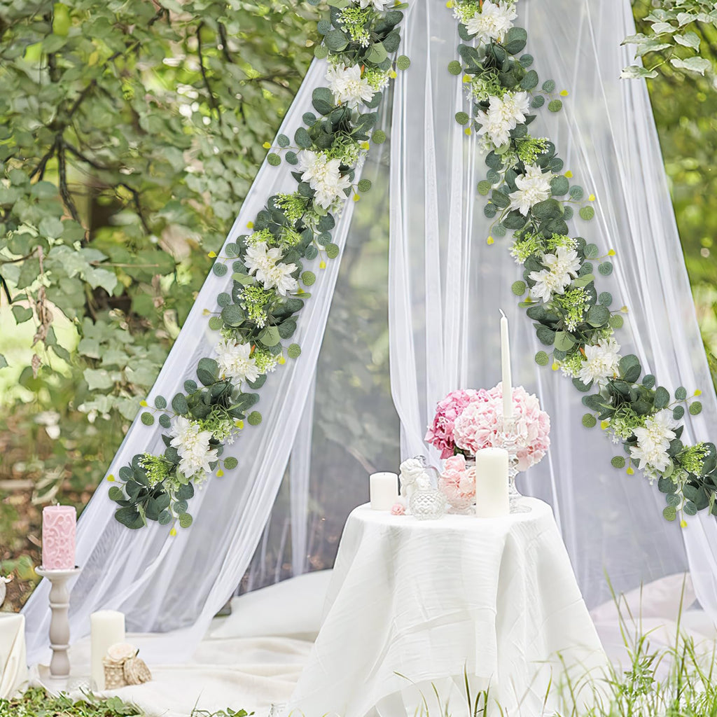 Dahlia Flower Vine Hanging Floral Garland | Wedding Arch Bedroom Home Wall Backdrop & Room Decor in White