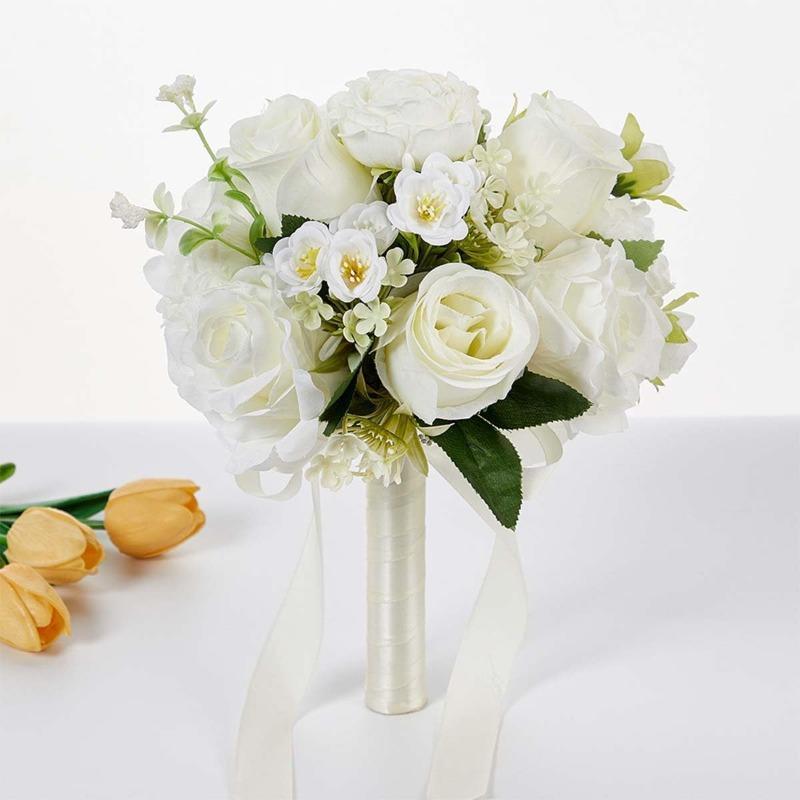 Artificial Rose Bridal Bridesmaid Bouquet | Wedding Church Valentine's Day in Champagne White