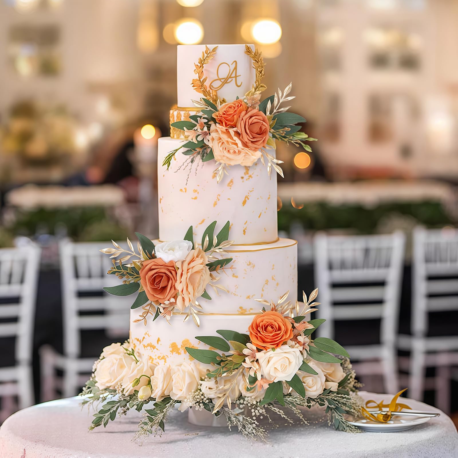 Terracotta Artificial Floral Cake Toppers 3pcs | Wedding Birthday Anniversary & Party Decor in White Blue Purple Orange