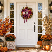 Purple Rose Mixed Fall Wreath with Maple Leaves & Ribbon
