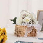 Wicker Wedding Flower Girl Basket with Pearl Handle & Ribbon Bow | Rustic Boho Handwoven Satin Ceremony & Picnic Basket