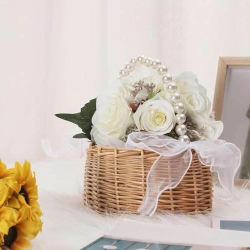 Wicker Wedding Flower Girl Basket with Pearl Handle & Ribbon Bow | Rustic Boho Handwoven Satin Ceremony & Picnic Basket