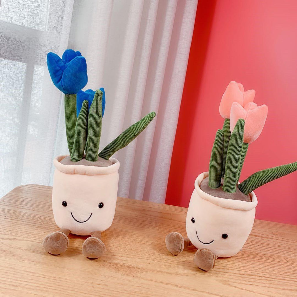 Tulip Flower Pot Stuffed Throw Plushie Pillow Doll, Soft Fluffy Plant Friend Hugging Cushion - Present for Every Age & Occasion