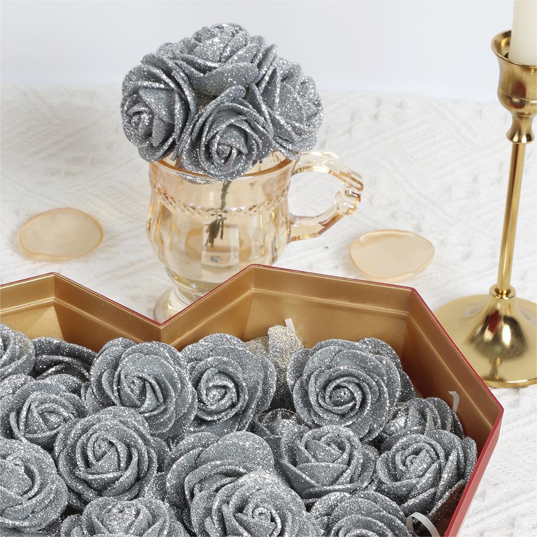 Glitter Artificial Roses 60pcs with Stems | Wedding Bouquet Cake Topper Party & Home Decor in Gold Grey Red