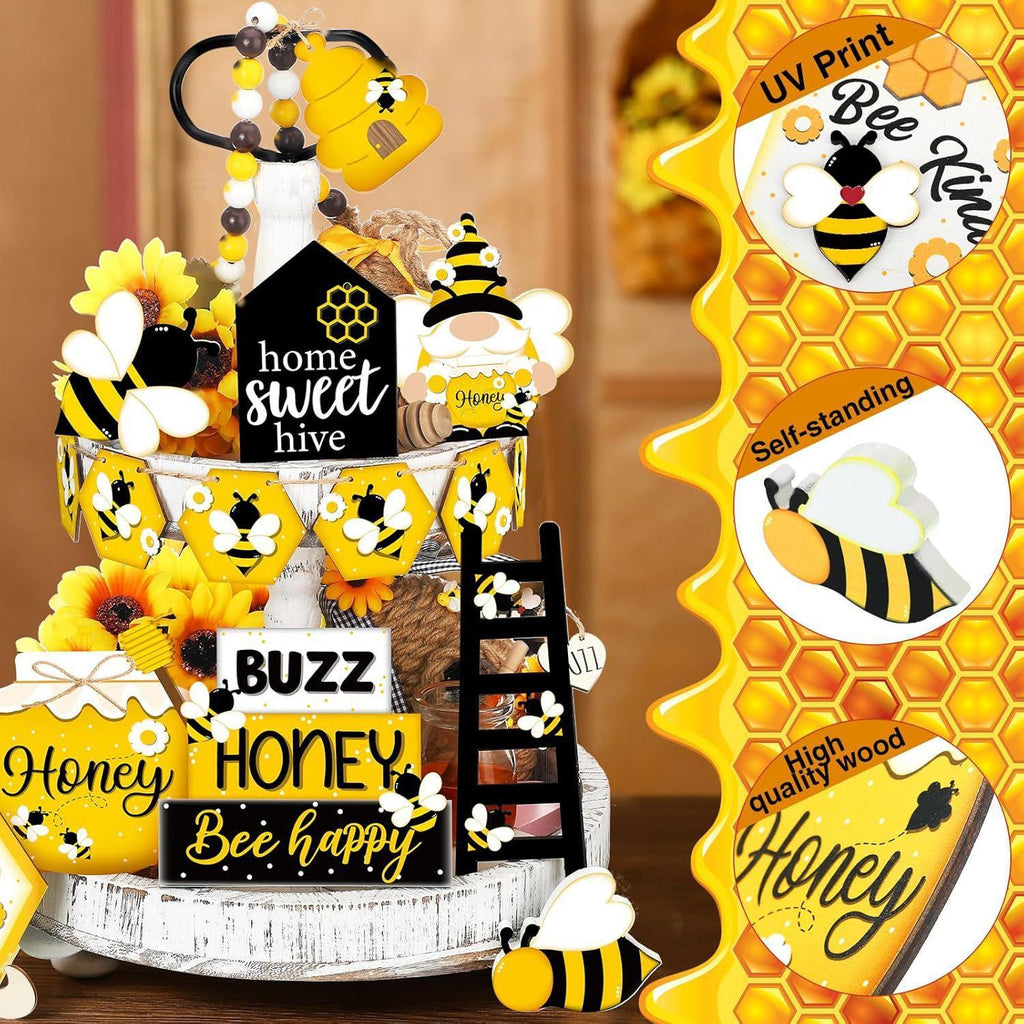 Summer Tiered Tray Decor Set | Honey Bee Gnome Wooden Signs & Yellow Truck for Farmhouse Kitchen Home Party