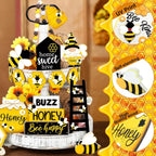 Summer Tiered Tray Decor Set | Honey Bee Gnome Wooden Signs & Yellow Truck for Farmhouse Kitchen Home Party