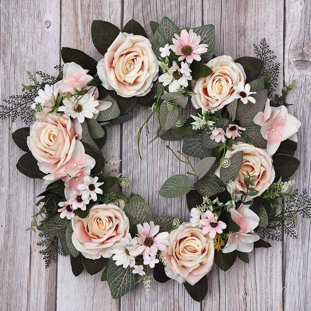 Artificial Rose Ring Wreath | Front Door Summer Floral Wedding Living Room Bedroom Farmhouse & Party Decor in White Pink Champagne