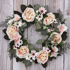 Artificial Rose Ring Wreath | Front Door Summer Floral Wedding Living Room Bedroom Farmhouse & Party Decor in White Pink Champagne