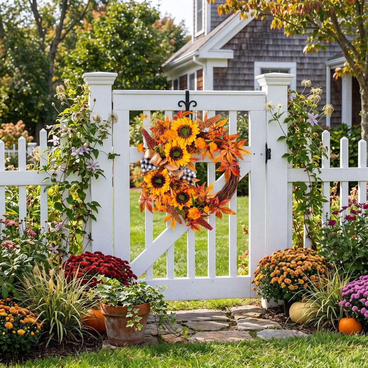 17.7'' artificial sunflower Thanksgiving wreath with autumn foliage hung on a white garden gate for farmhouse harvest decor

