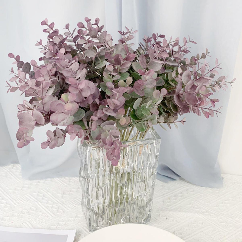 Artificial Eucalyptus Stems in Glass Vase with Faux Water 4pcs | Home Centerpiece & Office Decor in Green Purple Orange