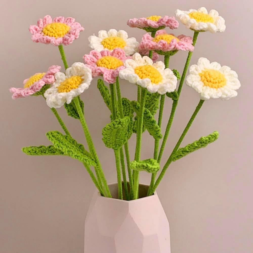 Handmade Crochet Sunflower Daisy Artificial Flowers 6pcs | Flocked Daisy Bouquet for Wedding Bedroom Centerpiece & DIY Decor in Pink White Purple Blue