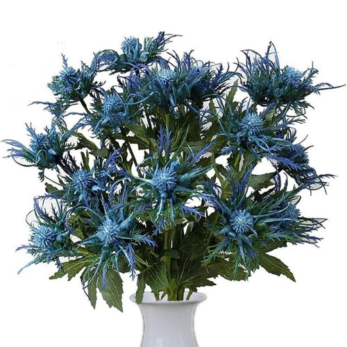 4pcs artificial eryngium thistle stems in vase – faux blue flowers for home decor
