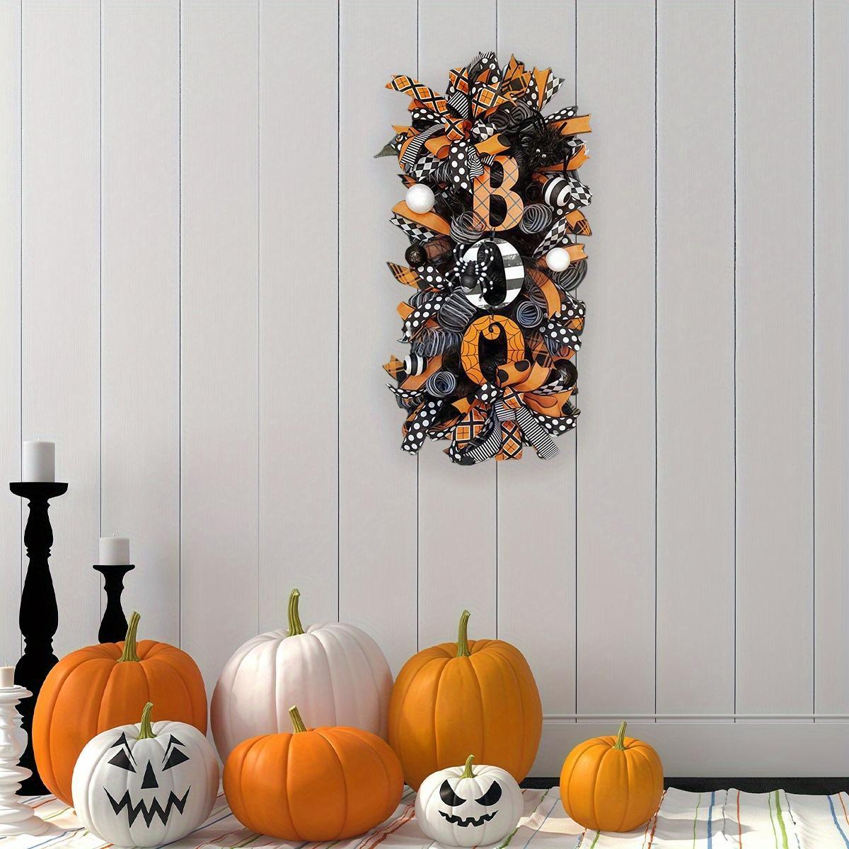 Halloween wreath for front door arranged for black white pumpkin by IPOPU