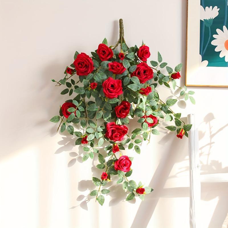 Artificial Flower Rattan Wall Hanging | Boho Floral Wall Decor for Living Room Bedroom & Entryway in Red Champagne