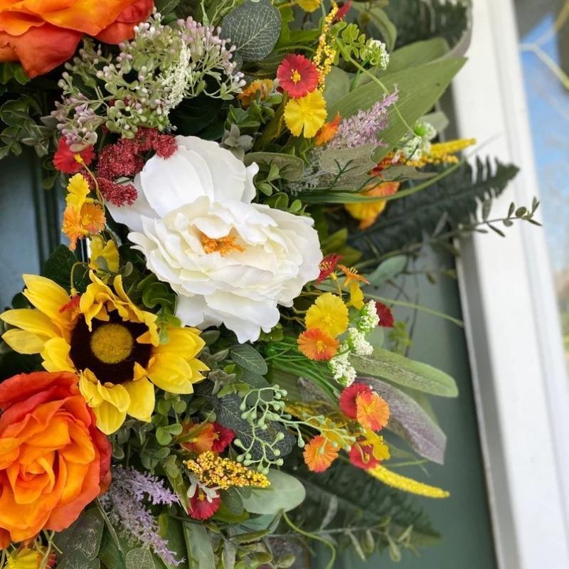 Colorful Artificial Floral Wreath with Sunflower and Green Leaves | Front Door Wall Spring Summer Party & Graduation Decor