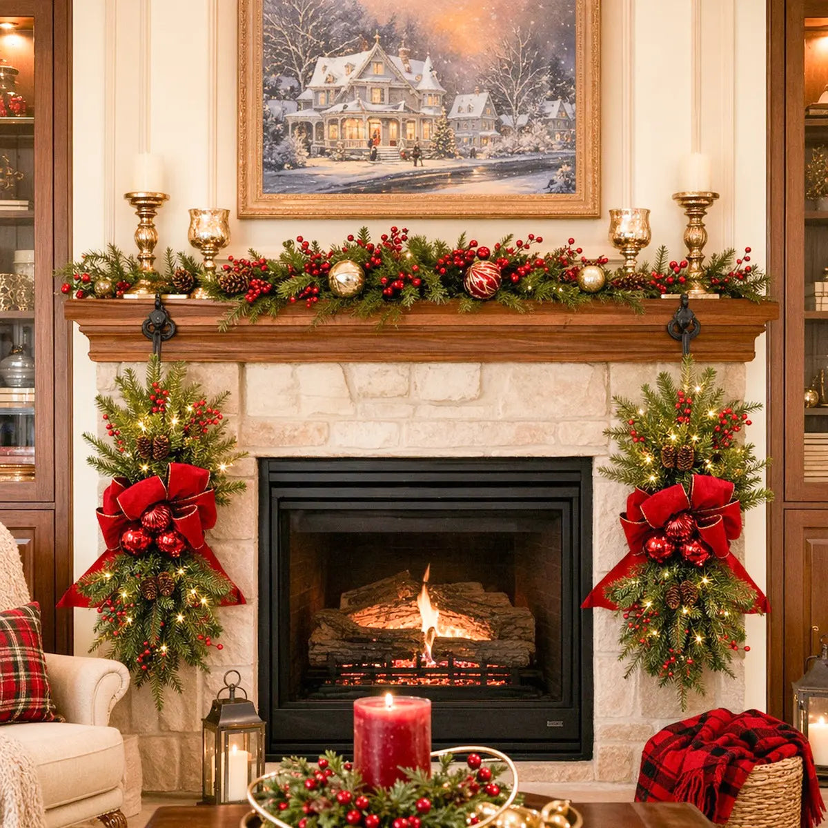 Christmas swag wreath with red berries and pine cones displayed above a fireplace mantel for festive home decor
