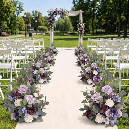 Artificial purple lavender rose eucalyptus aisle floor centerpieces lining outdoor wedding ceremony with arch in background – IPOPU
