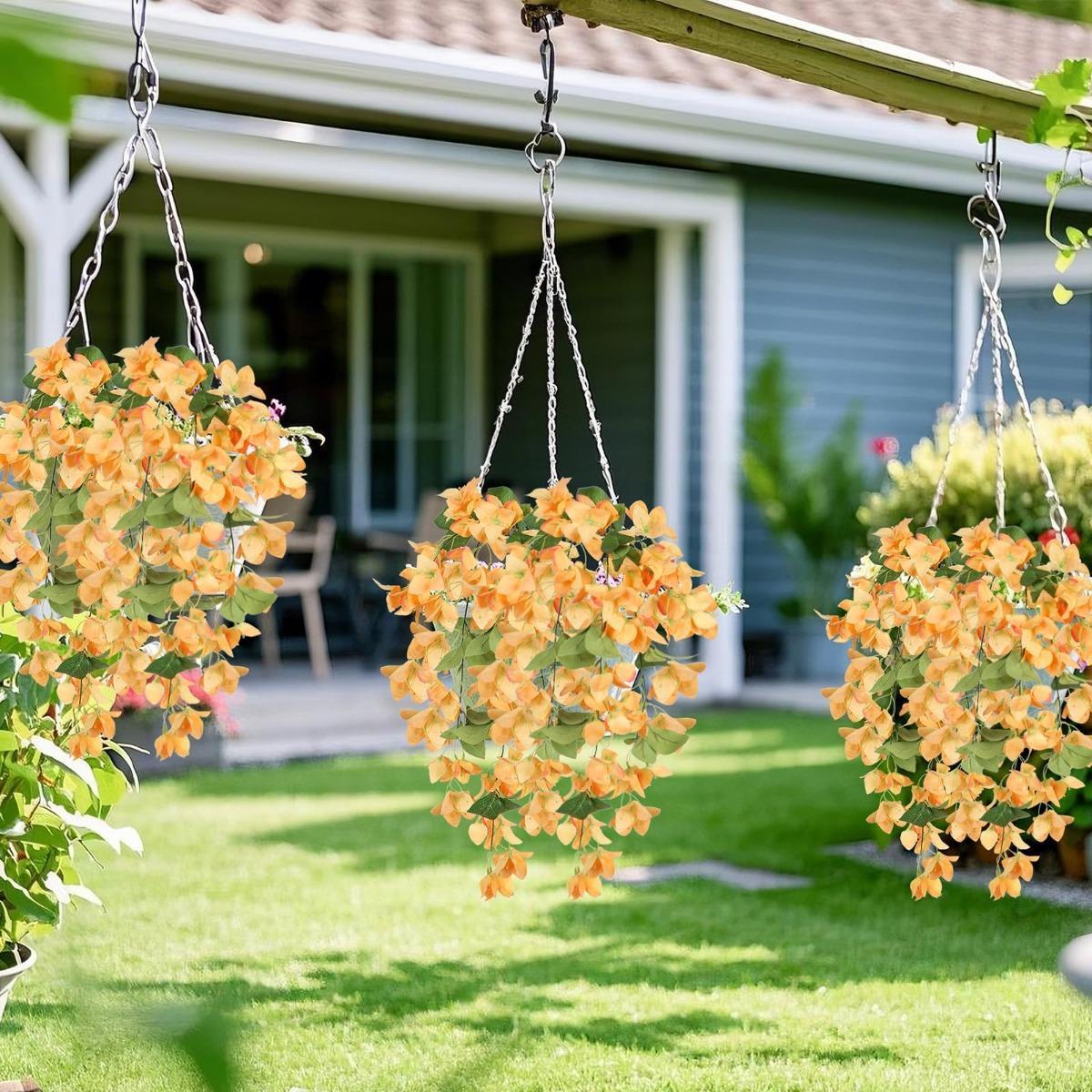 Artificial Bougainvillea Hanging Flowers 2pcs | UV Resistant Silk Vine for Garden Yard Porch Patio Wedding & Home Outdoor Decor in Pink Purple White Blue Orange