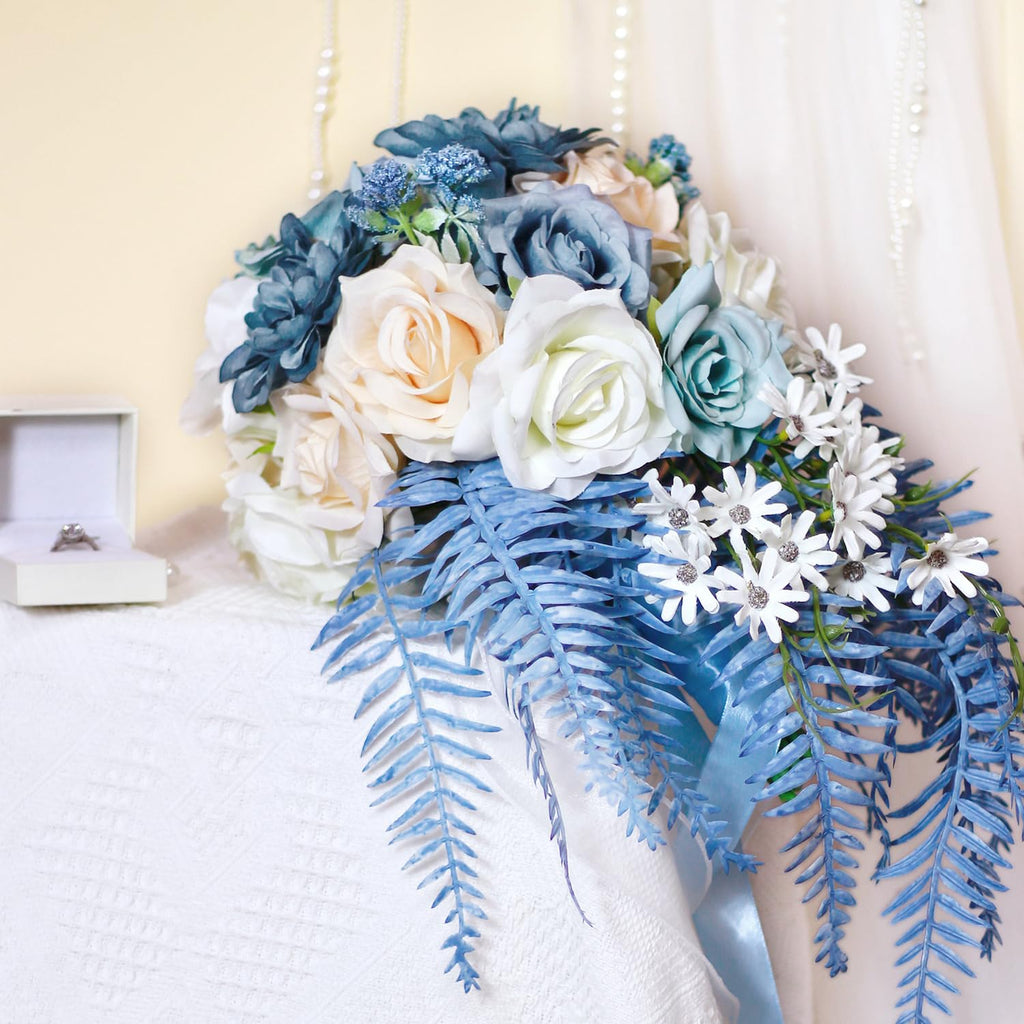 Boho Rustic Artificial Wedding Toss Bouquet | Blue Faux Flower for Ceremony Anniversary Bridal Keepsake & All Seasons