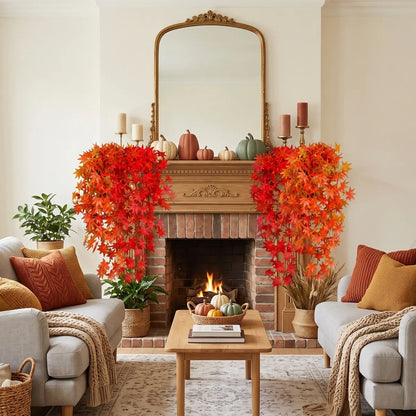 Artificial maple leaf garlands flanking fireplace in fall living room, Thanksgiving home decoration