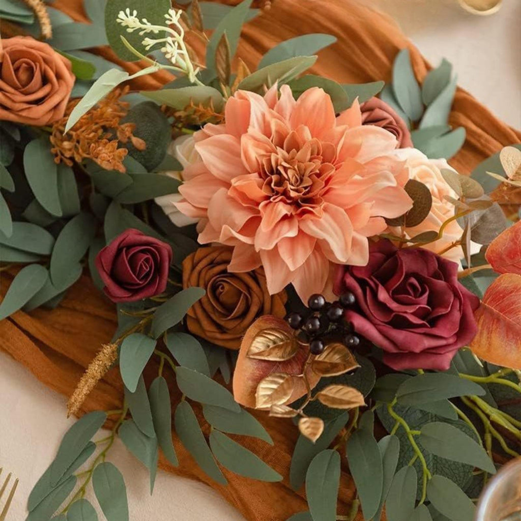 Artificial Eucalyptus Garland with Roses | Wedding Table Runner Backdrop Garden Party & Home Decor in Orange Wine Red Blue White Yellow