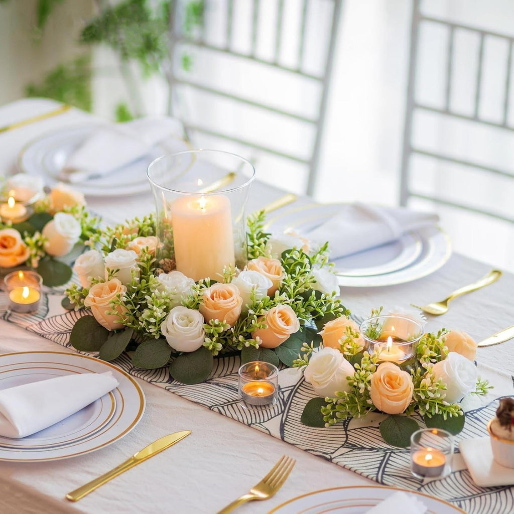 Artificial Flowers Candle Rings: 4 Pcs 14 Inch Diam Large Dusty Rose & White Roses Wreath Wedding Centerpieces for Tables Spring Summer Wreath for Front Door Weddings Party Ceremony Decor