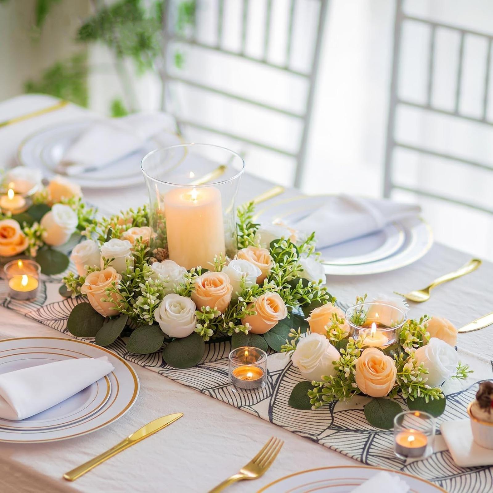 Artificial Flowers Candle Rings: 4 Pcs 14 Inch Diam Large Dusty Rose & White Roses Wreath Wedding Centerpieces for Tables Spring Summer Wreath for Front Door Weddings Party Ceremony Decor
